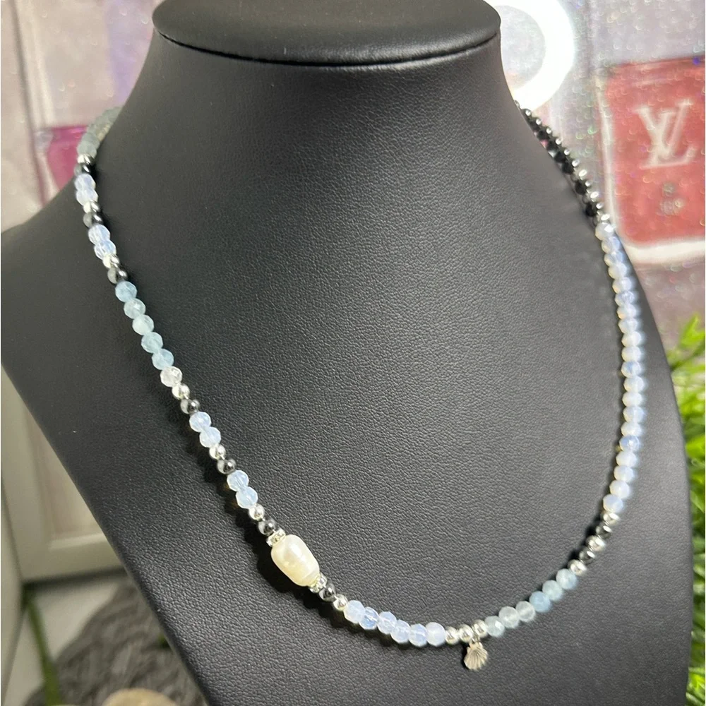 Natural Aquamarine, Opal, Natural Pearl Nacklace